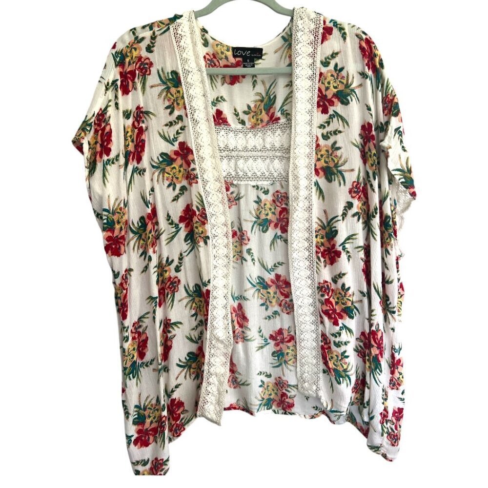 Women’s Boho Oversized Floral Print Crochet Lace Trim Open Front Kimono Size S
